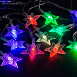 Гирлянда Нить 3 м с насадками Звёзды, IP20, прозрачная нить, 20 LED, батарейки AAх3 (нет в комплекте), свечение мульти