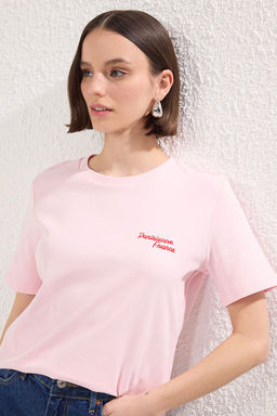 Pembe Slogan Bask?l? Kal?n Kumasl? Regular Kal?p Orme T-Shirt TWOSS25TS00159