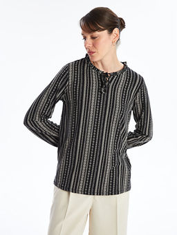 Ba?lamal? Yaka Desenli Uzun Kollu Kad?n Bluz