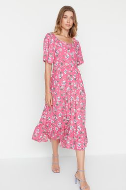 Pembe A Kesim Balon Kollu Cicek Desenli Midi Dokuma Elbise TWOSS20EL2323