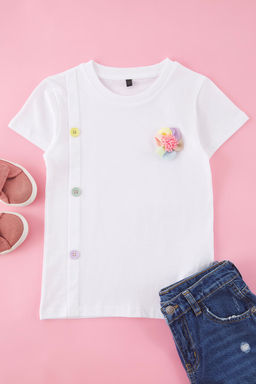 Ekru K?z Cocuk %100 Pamuk Cicekli Dugme Detayl? K?sa Kol Orme T-Shirt TKDSS25TS00110