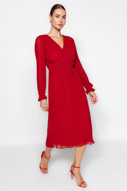 TRENDYOLMILLA K?rm?z? Piliseli Astarl? Sifon Dokuma Elbise TWOAW24EL00478