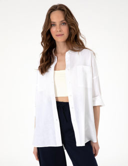 Beyaz Oversize Keten Kar___ml_ Uzun Kollu G_mlek - Pierre cardin фото 2