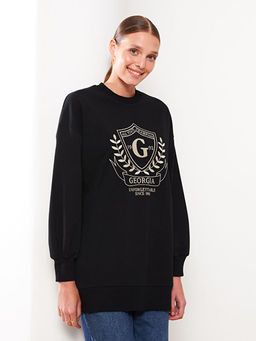 Bisiklet Yaka Bask?l? Uzun Kollu Kad?n Sweatshirt Tunik