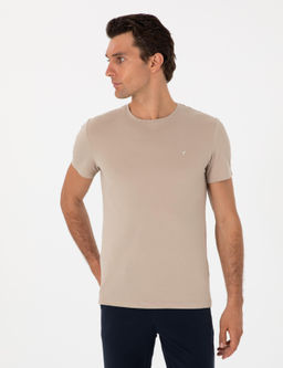 Bej Slim Fit Bisiklet Yaka Pamuklu T-shirt