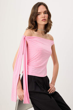Pembe Asimetrik Yaka Kolsuz Sandy Party Bluz TPRSS26BZ00060