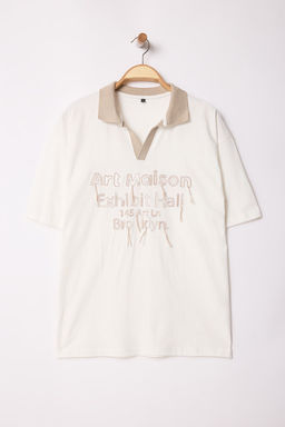 TRENDYOL MAN Limited Edition Ekru Oversize/Genis Kesim Ozel Nak?sl? Polo Yaka T-shirt TMNSS25PO00030 - Trendyolmilla фото 4