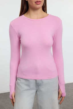 Pembe Viskon/Yumusak Kumasl? Parmak Gecme Detayl? Esnek Orme Bluz TWOAW25BZ00014