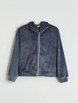 Kap??onlu K?z ?ocuk Kadife Fermuarl? Sweatshirt