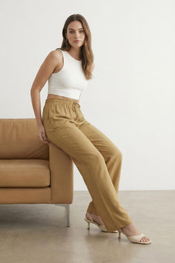 TRENDYOLMILLA Camel Jakarl? Beli Lastikli Wide Leg/Genis Paca Dokuma Pantolon TWOSS25PL00039 фото 7