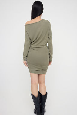 Teen Haki Asimetrik Yaka Bodycone/Vucuda Oturan Mini Orme Elbise TWOAW25EL00595