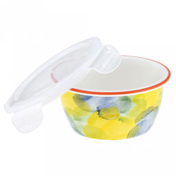 Акварель Салатник-контейнер фарфоровый 400мл, д13х6,2см, круглый, с деколью, отводка, пластмассовая крышка, герметичная, с клипсами, с силиконовым уплотнителем (Китай) - Домашняя мода фото 3