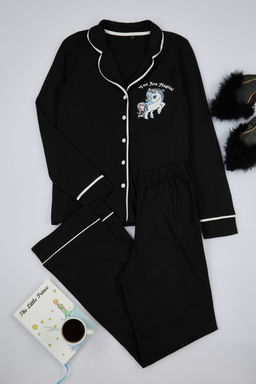 Siyah %100 Pamuklu Sloganl? Bask?l? Biye Detayl? Orme Pijama Tak?m? THMAW25PT00005