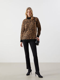 Dik Yaka Leopar Desenli Kad?n Triko Tunik
