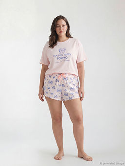 Bisiklet Yaka Bask?l? Kad?n ?ortlu Pijama Tak?m?