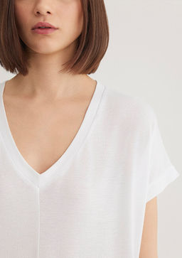 V Yaka Beyaz Basic ViskozTisort - Mavi фото 5