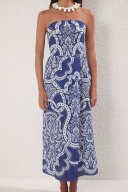 Trendyolmilla Cini Desenli Straplez Maxi Dokuma %100 Pamuk Plaj Elbisesi TBESS25EL00093 фото 9