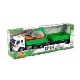 Сити, автомобиль бортовой с манипулятором и прицепом инерционный (со светом и звуком) (зелёный) (в коробке)