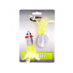 Игрушка "Мышка и мячик с перьями" 5+4см серебряные (Cat toy mouse 5 cm and ball 4 cm with feather on card) 240068 240068