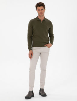 Koyu Haki Slim Fit Polo Yaka Fermuarl_ Basic Triko Kazak
