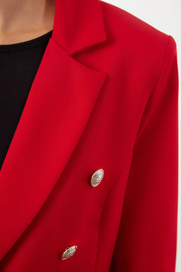 K?rm?z? Dugme Detayl? Astarl? Fitted Bele Oturan Kal?p Dokuma Blazer Ceket TWOAW25BC00021 - Trendyolmilla фото 4