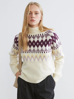 Yar?m Bal?k?? Yaka Desenli Kad?n Triko Kazak