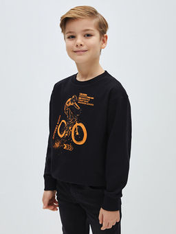 Bisiklet Yaka Bask?l? Uzun Kollu Erkek ?ocuk Sweatshirt