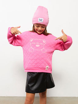 Bisiklet Yaka Bask?l? Uzun Kollu K?z ?ocuk Sweatshirt