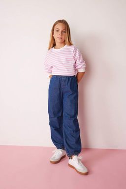 Полосатая футболка из чесаного хлопка для девочек с круглым вырезом и длинными рукавами - Defacto фото 2