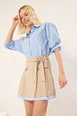 TRENDYOLMILLA Bej Pileli Etek Ucu Cizgi Kumas Detayl? Mini Boy Dokuma Etek TWOSS25ET00049  фото 2