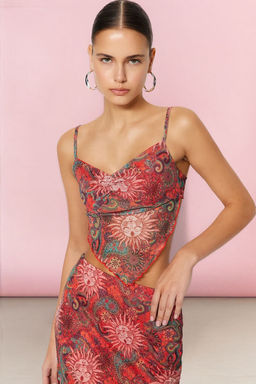 Trendyolmilla Ekru Bask?l? S?rt? Capraz Ask?l? Asimetrik Etek Uclu Tul Orme Bluz TWOSS23BZ00566 фото 24