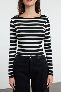 Trendyolmilla Beyaz*001 Cizgili S?rt Dekolteli Slim/Vucuda Oturan Regular/Normal Boy Orme Bluz TWOAW25BZ00009  фото 7