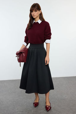 Siyah Yuksek Bel Klos Pili Detayl? Midi Etek TWOAW25ET00095