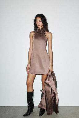 HALTER DRESS WITH FEATHERS