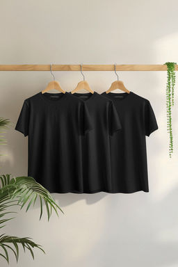 Siyah 3lu Paket Siyah Slim/Dar Kesim Bisiklet Yaka Basic %100 Pamuklu T-Shirt TMNSS19BO0007