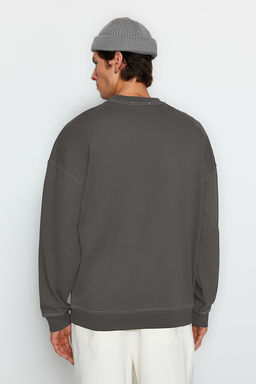 Antrasit Oversize/Genis Kesim Kontrast Dikis Detayl? Bisiklet Yaka Sweatshirt TMNAW24SW00011