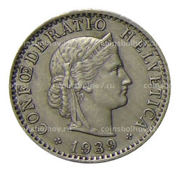Монета 20 раппенов 1939 года Швейцария