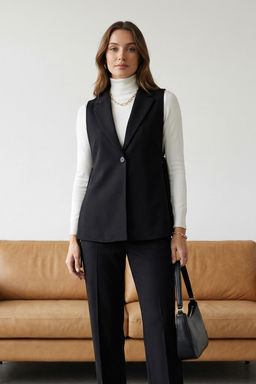 Siyah Oversize Aksesuarl? Yandan Baglama Detayl? Tek Dugmeli Astarl? Dokuma Yelek TWOAW23YE00032