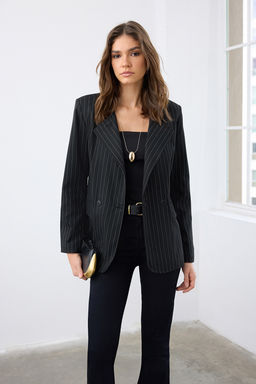 Siyah Cizgili Anvelop Kapama Dokuma Blazer Ceket TWOAW26BC00018