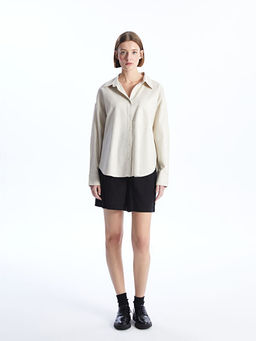 D?z Uzun Kollu Oversize Keten Kar???ml? Kad?n G?mlek