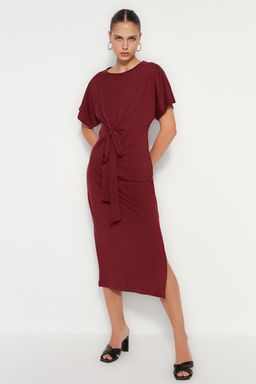 Bordo %100 Pamuk Bele Oturan Y?rtmac ve Baglama Detayl? Midi Orme Kalem Elbise TWOSS21EL0404
