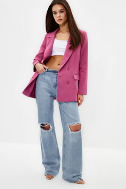 Pembe Regular Astarl? Kruvaze Kapama Dokuma Blazer Ceket TWOAW21CE0264