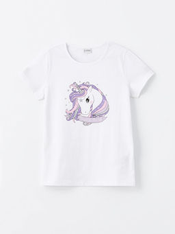 Bisiklet Yaka Bask?l? K?sa Kollu K?z ?ocuk Ti??rt - Waikiki фото 3