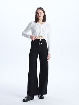 V Yaka Kendinden Desenli Uzun Kollu Kad?n Triko Kazak