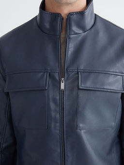 Standart Kal?p Dik Yaka Erkek Deri G?r?n?ml? Ceket