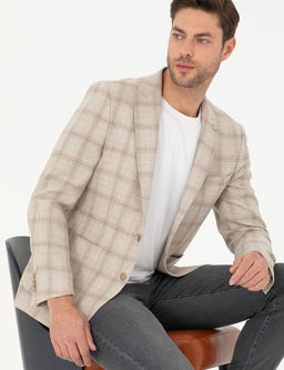 Bej Slim Fit Keten Kar___ml_ Ekose Ceket