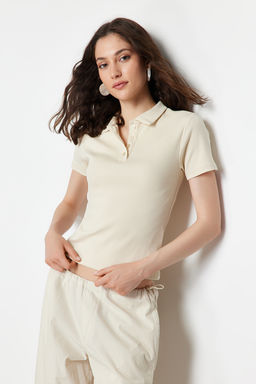 Trendyolmilla Siyah Polo Yaka Dugmeli K?sa Kol Esnek Fitilli Orme Bluz TWOSS24BZ00111  фото 11