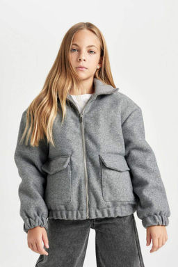 Ветрозащитное пальто с воротником-стойкой на молнии с двойным карманом и эластичной прострочкой для девочек