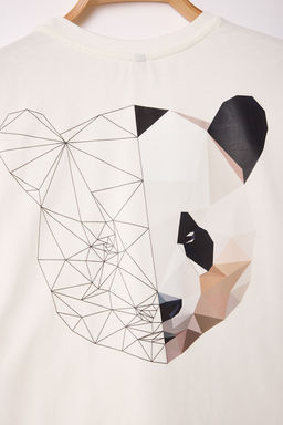 Ekru Oversize/Genis Kesim S?rt Hayvan Bask?l? %100 Pamuk T-Shirt TMNSS25TS00117