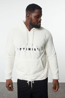 TRENDYOL MAN Ekru Buyuk Beden Oversize/Genis Kesim Kal?n Pelus Sweatshirt TMNAW25AO00024